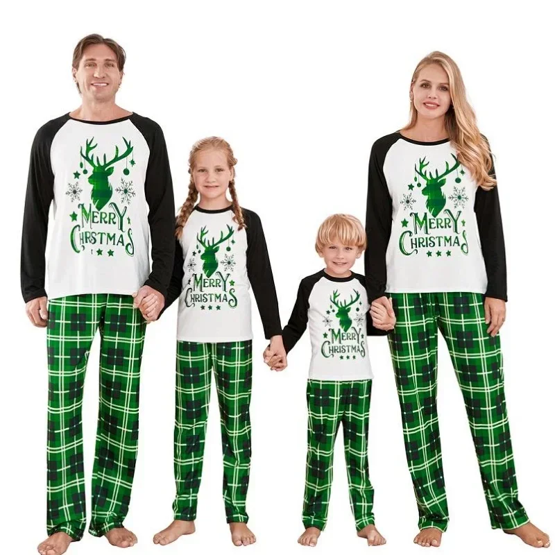 Christmas Pajamas for Family Long Sleeve Elk Graphic Tops + Plaid Trousers 2 Pieces Sets Fall Winter Sleepwear Nightgown