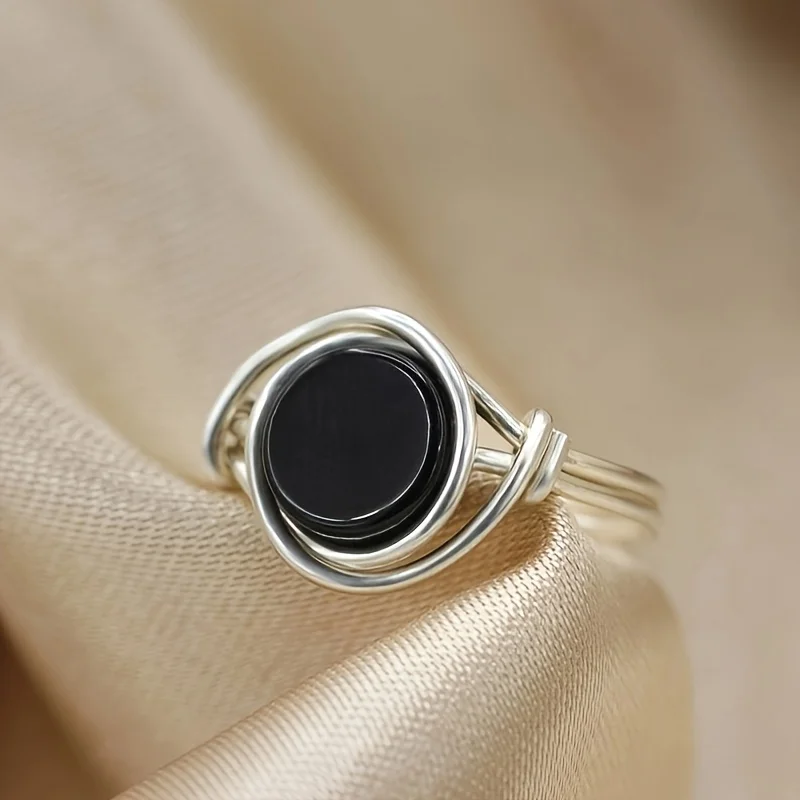 Women Round Black Natural Stone Wire‑Wrapped Finger Ring Gold‑Tone Wide Band Trendy Minimalist Fashion Jewelry For Daily Wear