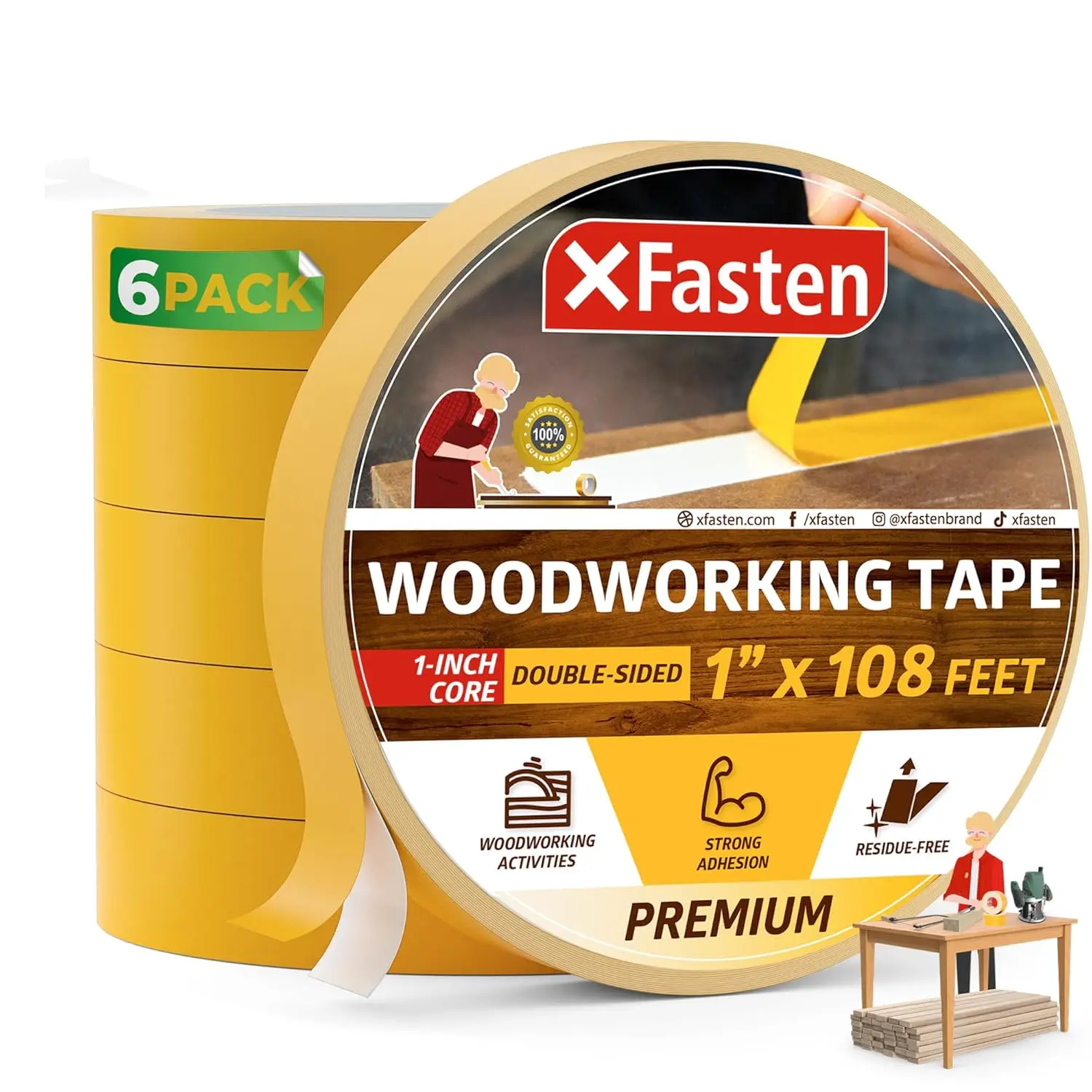 

Double Sided Woodworking Tape 1 inch x 36 Yards 6-Pack 648ft 1-inch Core No Residue Woodworking Double Sided Tape Heavy