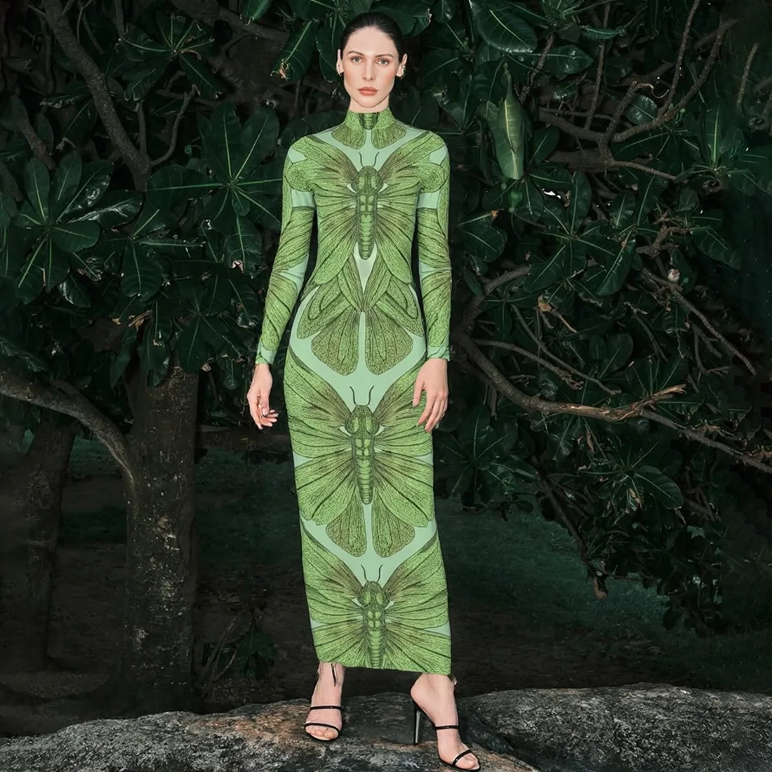 See Through Mesh Butterfly Print Maxi Dress Women Sexy Turtleneck Full Sleeve Bodycon Party Long Robe 2025 Autumn Clubwear