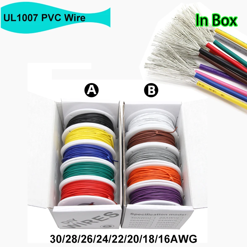 

UL1007 Electric Wire in Box ( 5 Colors/Box)PVC Insulation Tinned Copper Cable 30 ~16 AWG Multi-Stranded Electrical Line PCB Wire