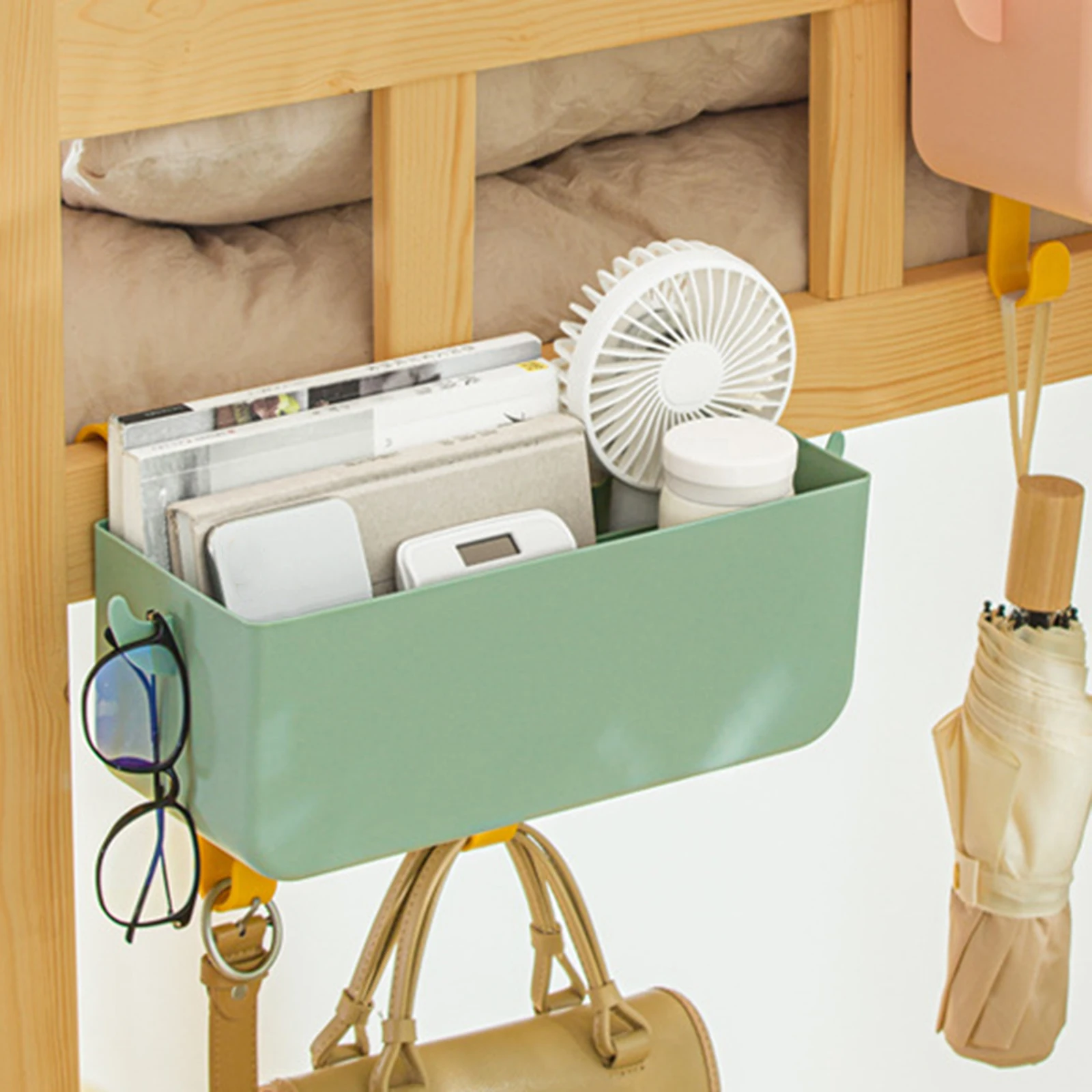 

Hanging Bedside Storage Organizer Dorm Kitchen Baby Bed Desktop Tissue Remote Phone Cup Holder Detachable Hooks Multi-functional