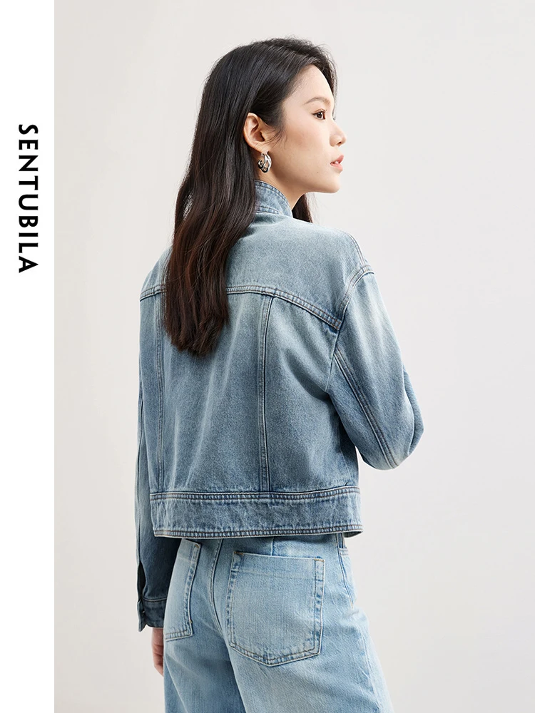 SENTUBILA Cotton 100% Washed Short Denim Jacket 2024 Spring Stand Collar Single Breasted Long Sleeve Cropped Outerwear W41W53404