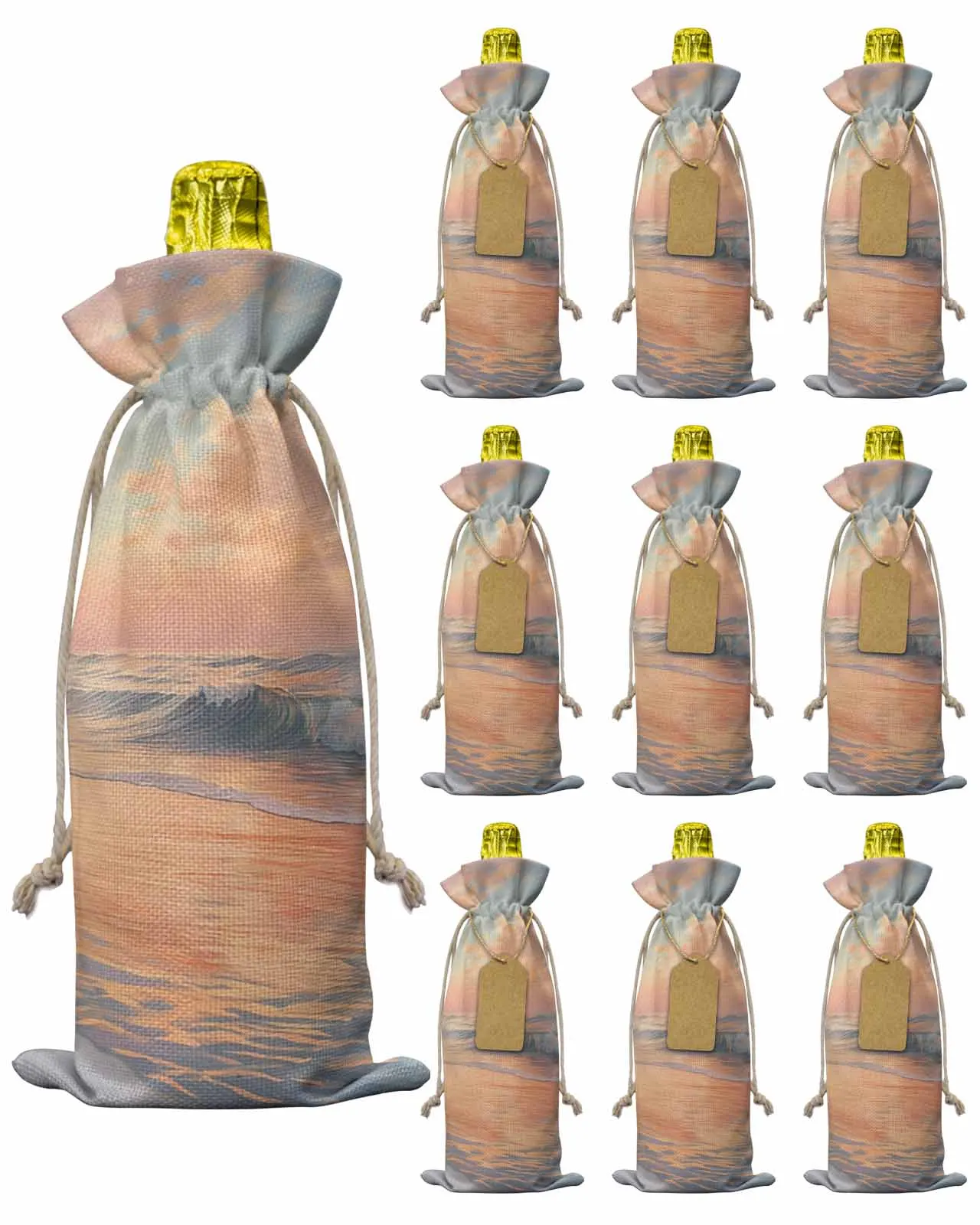 10pcs Seaside Sky Sea WaterWine Bottle Bag with Drawstring Festive Party Decor Wine Bottle Covers Gift