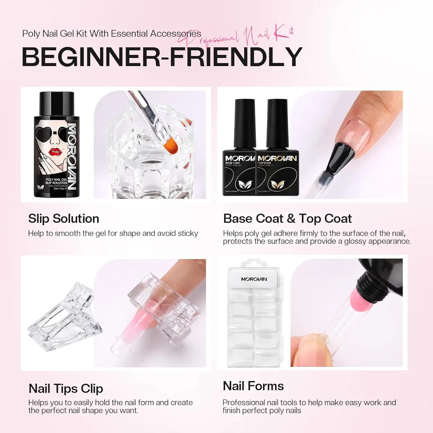 Poly Nail Gel Starter Kit with Mini UV Lamp Base Top Coat Sip Solution,Nail Art Tools for Beginner Starter DIY at Home Salon