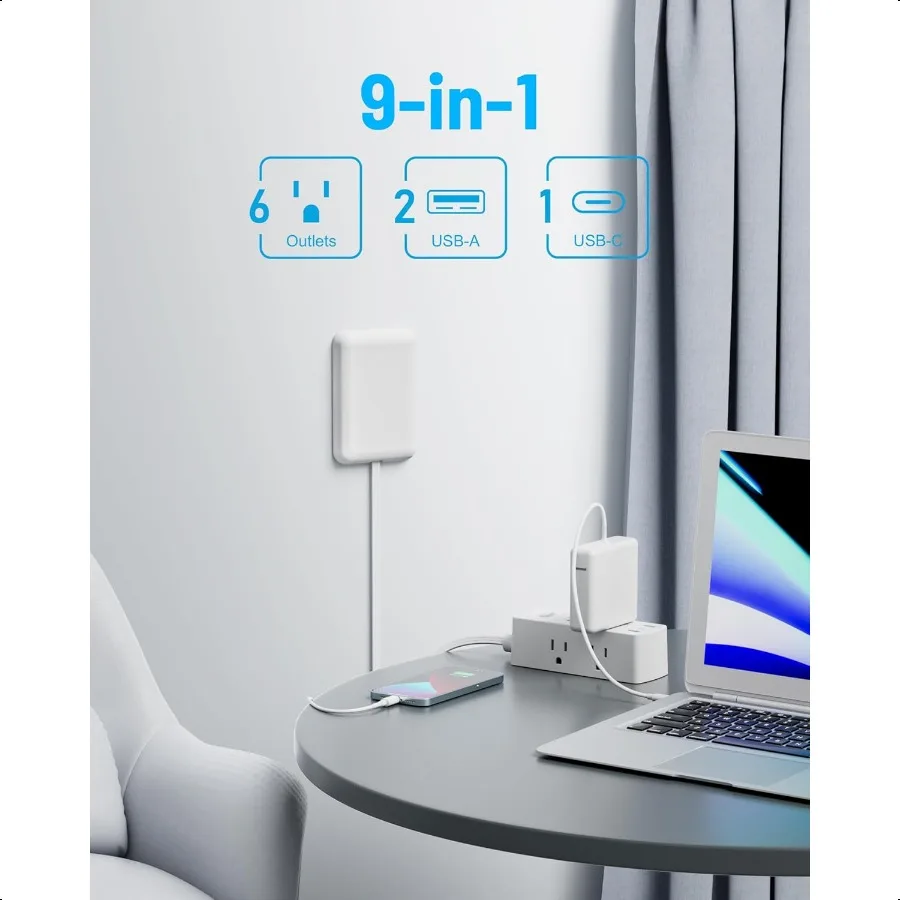 سلك تمديد مسطح مع غطاء منفذ Olcorife شريط طاقة مسطح مع 6 منافذ و3 منافذ USB 2000 جولز عرام حامي