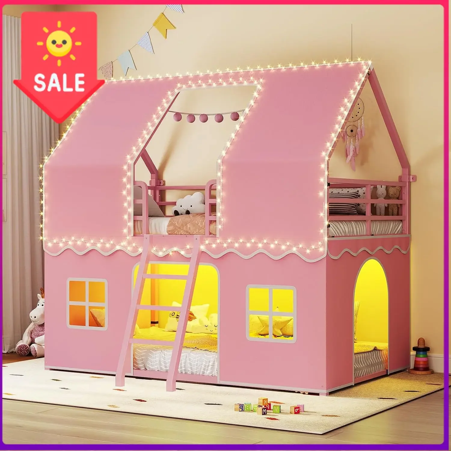 USA Stock Girls Bunk Bed Twin Over Twin, House Loft Bed with LED Lights | Girls Pink Bed, House Shaped Design with Play Bed Curt