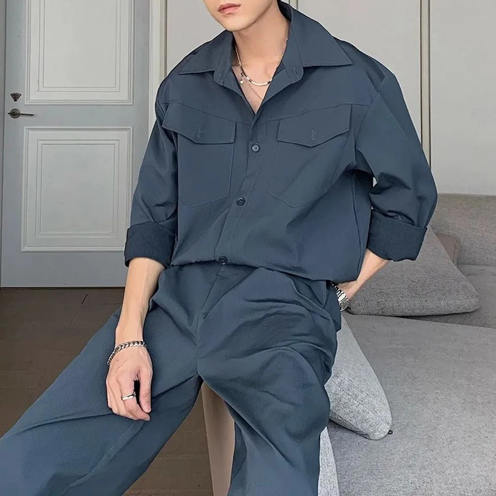 Men\'s High-end Shirt Suit Spring Summer Fashion Long-sleeved Top Loose Straight Trousers Two-piece Set Retro Solid Color Suit