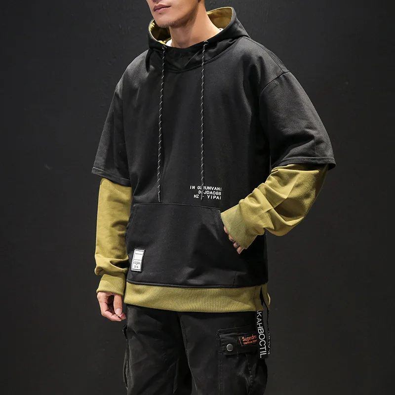 Men Colorblock Patchwork Hoodie 2026 New Hip Hop Streetwear Pullover Hooded Sweatshirt Casual Fashion Loose Daily Tops