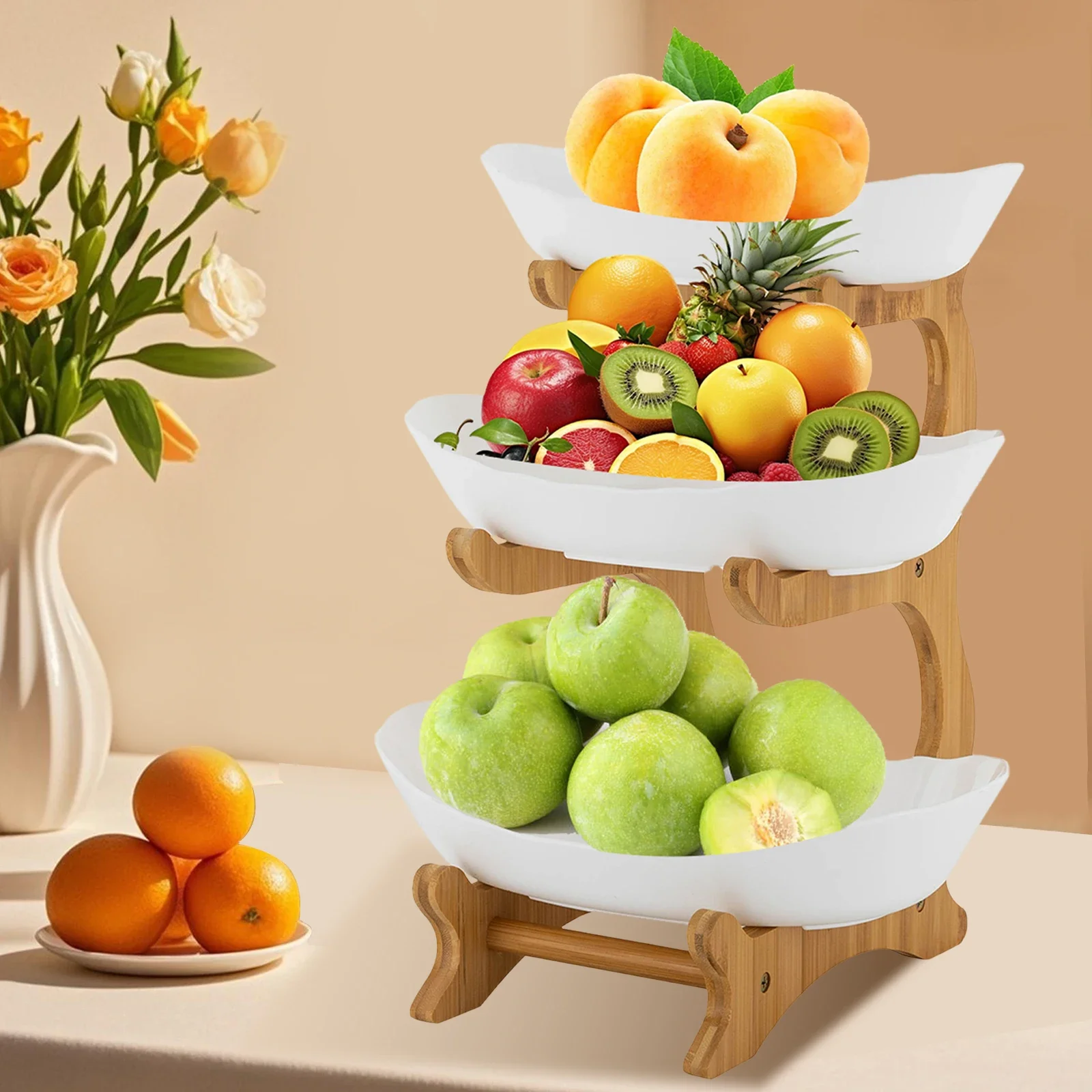 3 Tiered Ceramic Fruit Bowl Detachable Design Space Optimization Fruit Bowl with Bamboo Wood Stand for Fruits, Candies, Food