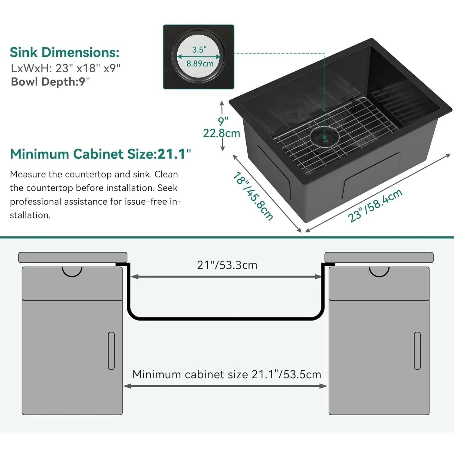 Black Kitchen Sink 23in Undermount Sink Single Bowl 16 Gauge Stainless Steel Nano Gunmetal Black Sink Bar Sink 23 x 18 x 10in