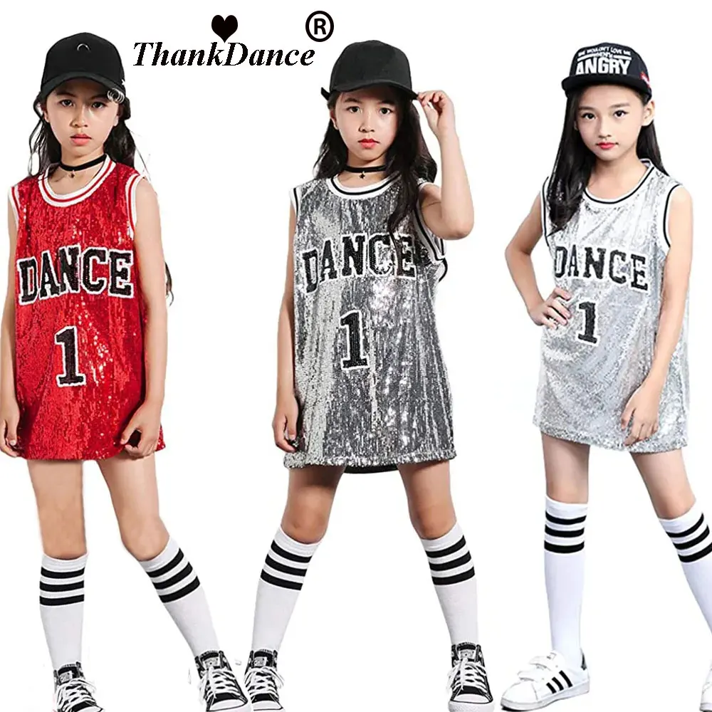 Thankdance Girls Hip Hop Sequins Dance Costume Glitter Tank Top with Socks Stage Performance Outfits 5-12 Years