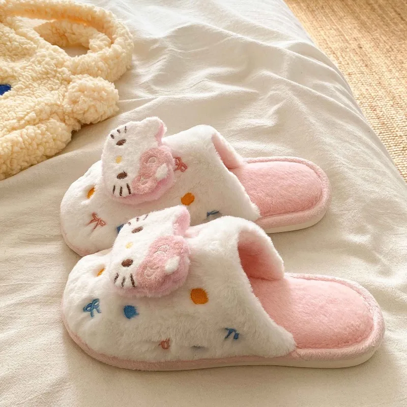 

Sanrio Hello Kitty Warm Cotton Shoes Cute Anime Creative Plush Women's Autumn and Winter Soft Bottom Non-Slip Household Slippers