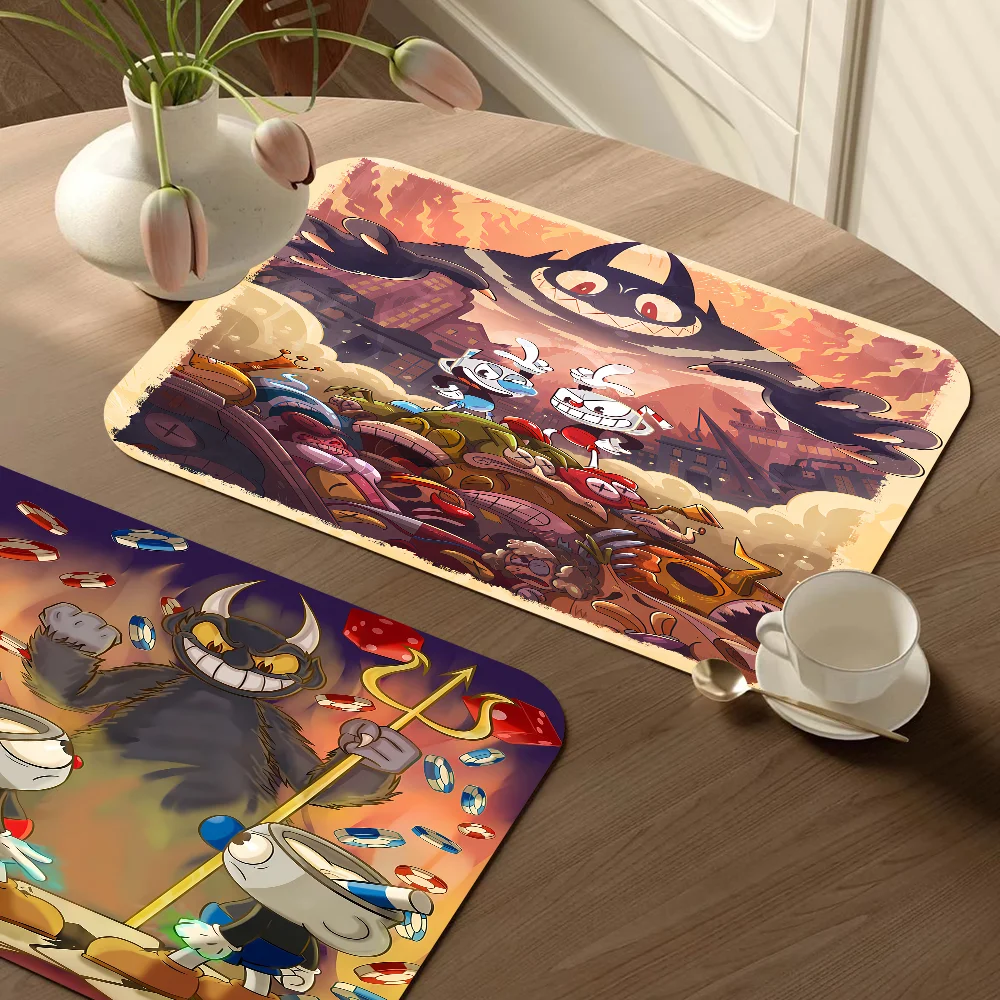 

Modern Game Cuphead Quick Drying Dish Mat Printed Kitchen Tableware Coffee Draining Pad Dinnerware Cup Bottle Placemat
