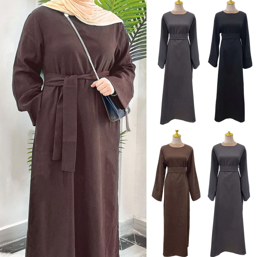 

Muslim Fashion Hijab Dubai Abaya Long Dresses Women With Sashes Islam Clothing Abaya African Dresses For Women Musulman Ramadan