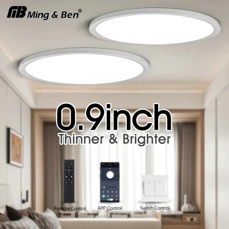 Intelligente Deckenleuchten 0,9 Zoll mit Fernbedienung, APP-Steuerung, ultradünn, dimmbar, große, moderne runde Lampe für Wohnzimmer, Schlafzimmer, Dekoration