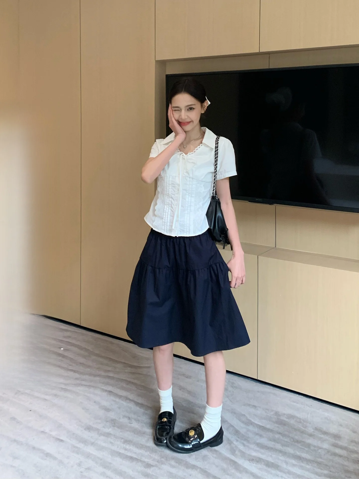 

Song Zhengen Korean Style A-Line Midi Skirt Women's High Waist Loose Fit Summer Casual Blue Skirts Office Commute Skirts
