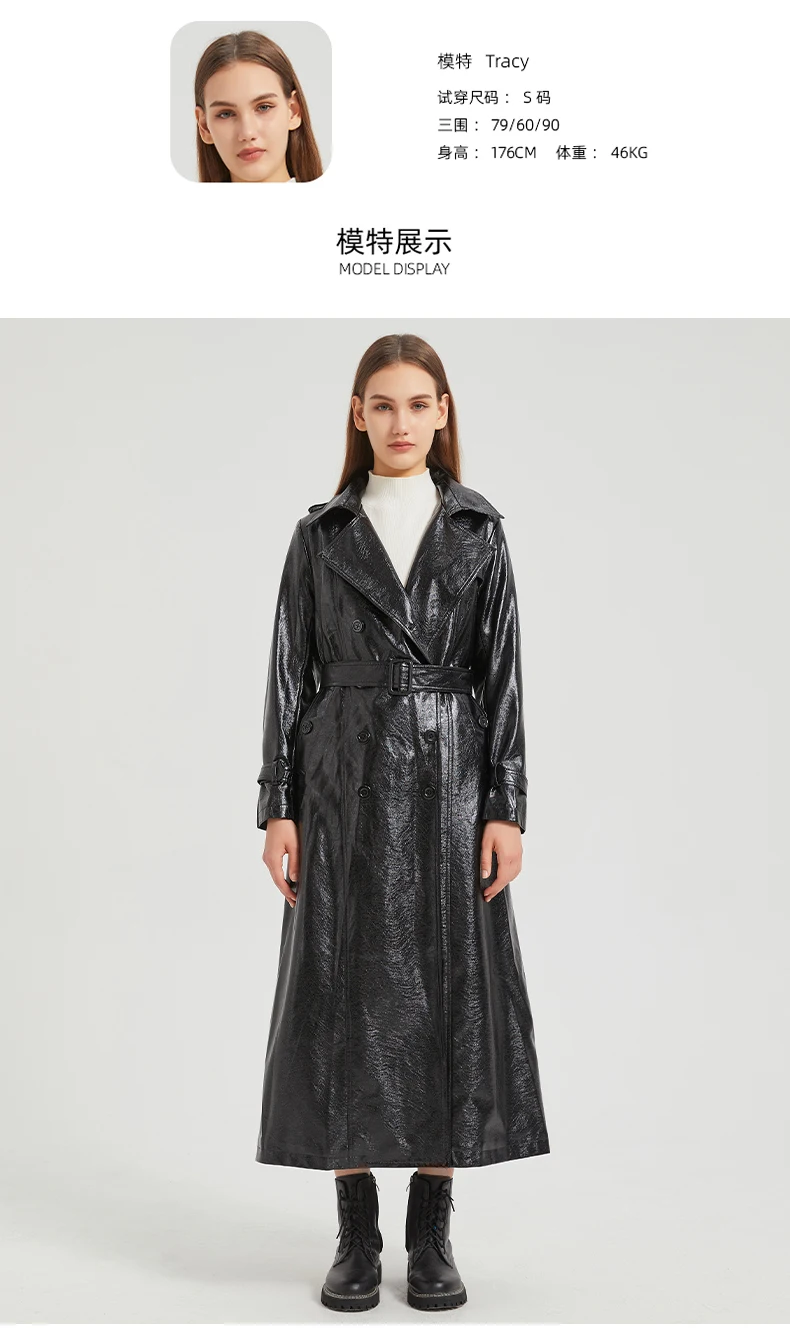 Lautaro Spring Autumn Extra Long Gold Shiny Pu Leather Trench Coat for Women Sashes Double Breasted Luxury Europe Fashion 2024