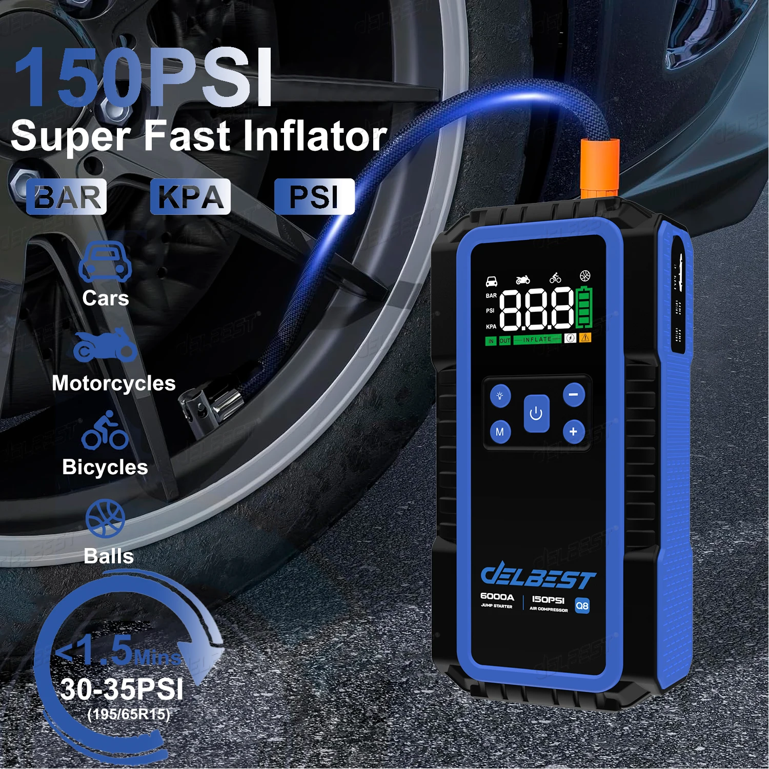 All-in-One 12V 32000mAh 6000A Jump Start 150PSI Air Pump 65W PD Charger & Tire Pressure Monitor for Compact Cars/Motorcycles - view 4
