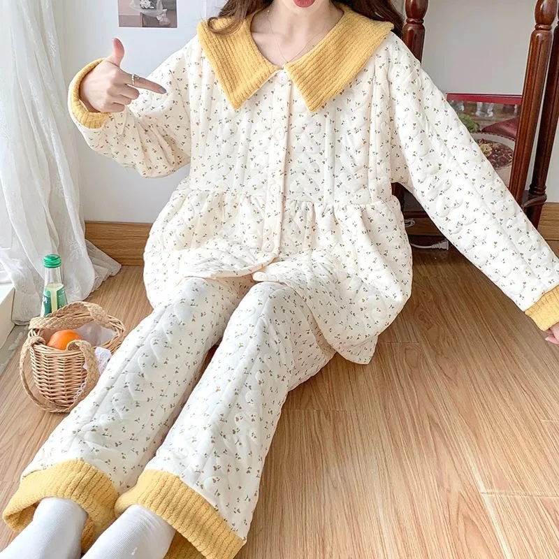 2023 New Autumn Winter Air Cotton Postpartum Sleepwear Pure Cotton Breastfeeding Loungewear Pregnant Women Pajamas Warm Homewear