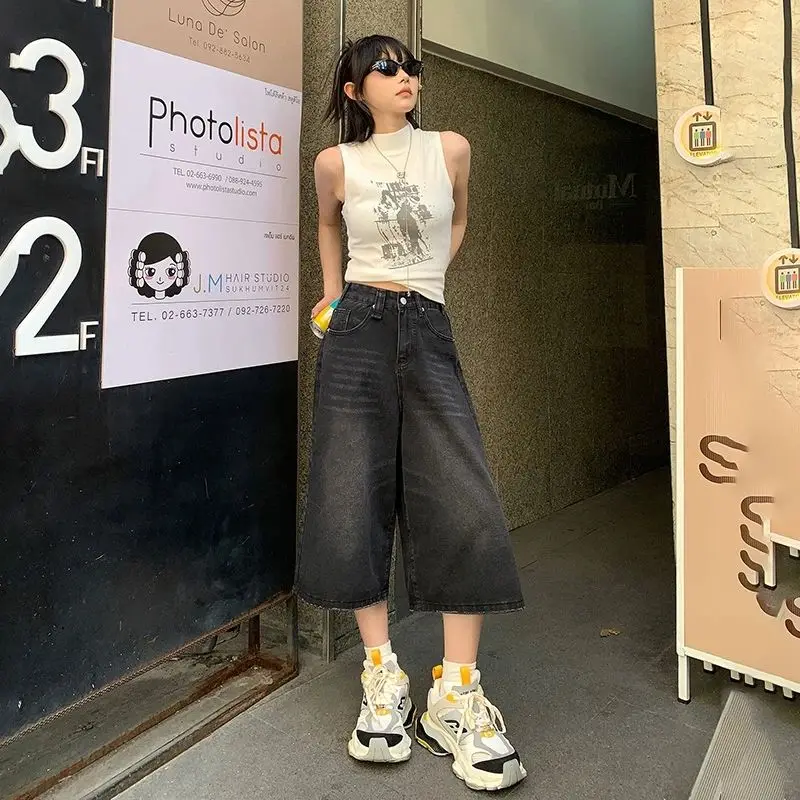 Summer American Style Vintage Women Baggy Jeans Y2k Loose Washed High Waist Knee Length Denim Pants Streetwear Wide Leg Shorts