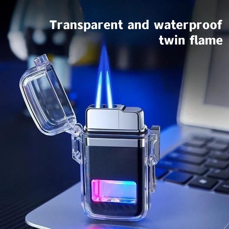 Transparent Waterproof Butane Gas Lighter, Outdoor Turbine Torch, Direct Flame, Men\'s Gift