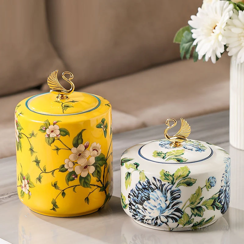 

ChineseStyle Ceramic Floral Pattern Storage Jar, Creative Tea Tank, Home Decoration, Living Room, Kitchen Decor with Lid, 1Pc