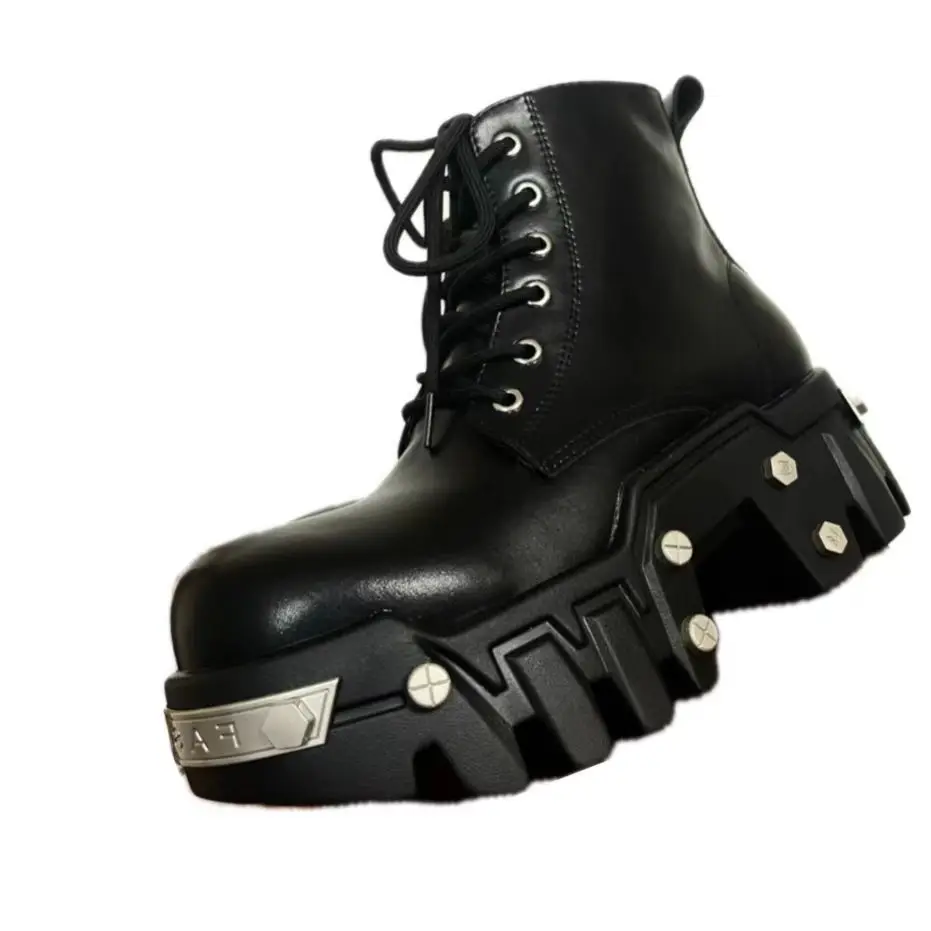 2024 Men Catwalk Bulldozer Series Thick-soled Heightening Fashion Metal Rivets Thick Heel Couple Locomotive Short  Boots