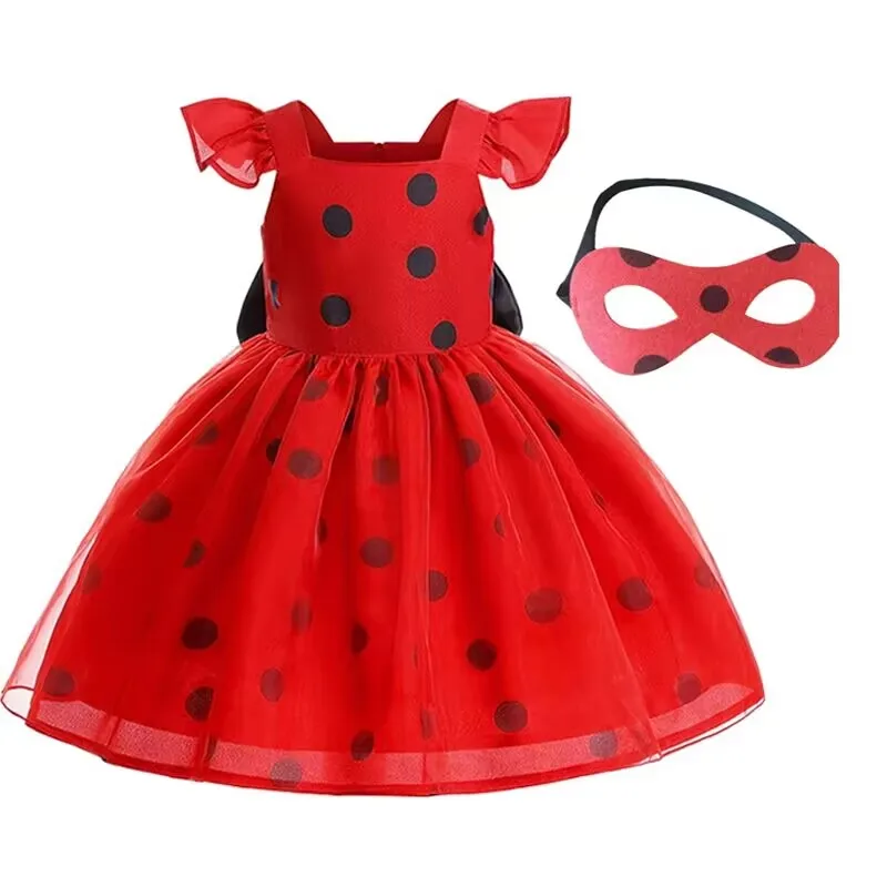 

Kids Red Carnival Costume Puff Sleeve Polka Dot Princess Dress+Eye Mask For Girls Birthday Halloween Evening Mardi Gras Dress Up