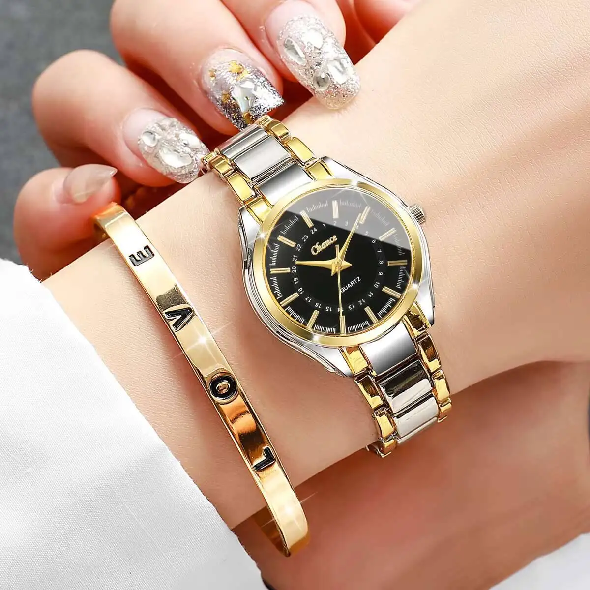 2PCS Fashion Women Watches Set Simple Small Dial Quartz Watch with Opening Cuff Bracelet Reloj MujerWithout Box