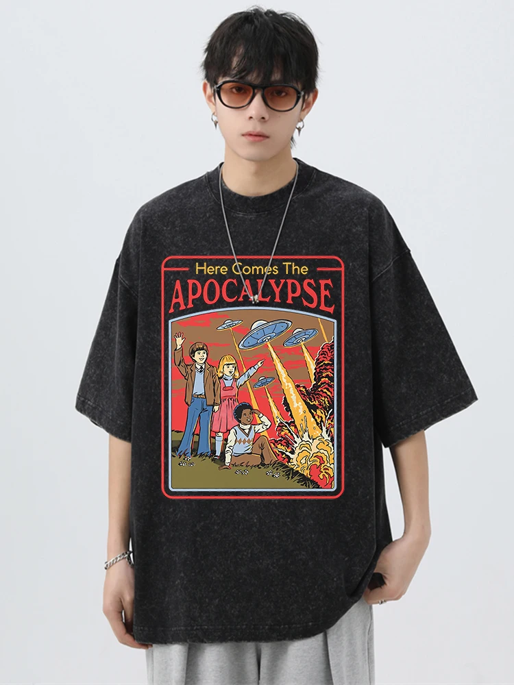 Here Comes The Apocalypse Ufo Washed Retro T-Shirt Men Fashion Cotton Clothes T-Shirts Hip Hop Oversized Street Casual Tops