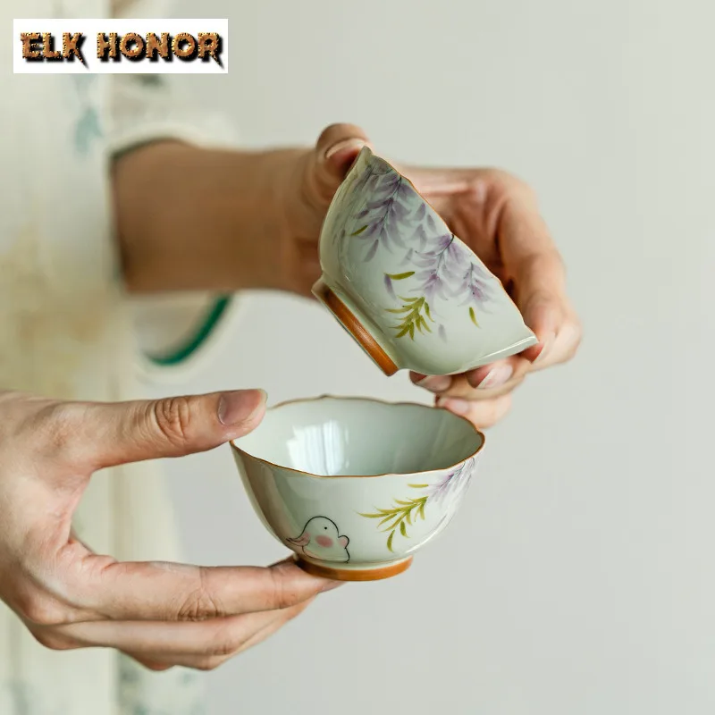 2pc/set Ceramic Master Cup Zen Hand-painted Wisteria Flower Hat Cup Small Tasting Mug Luxury Water Jug Tea Bowl Drinkware 80ml