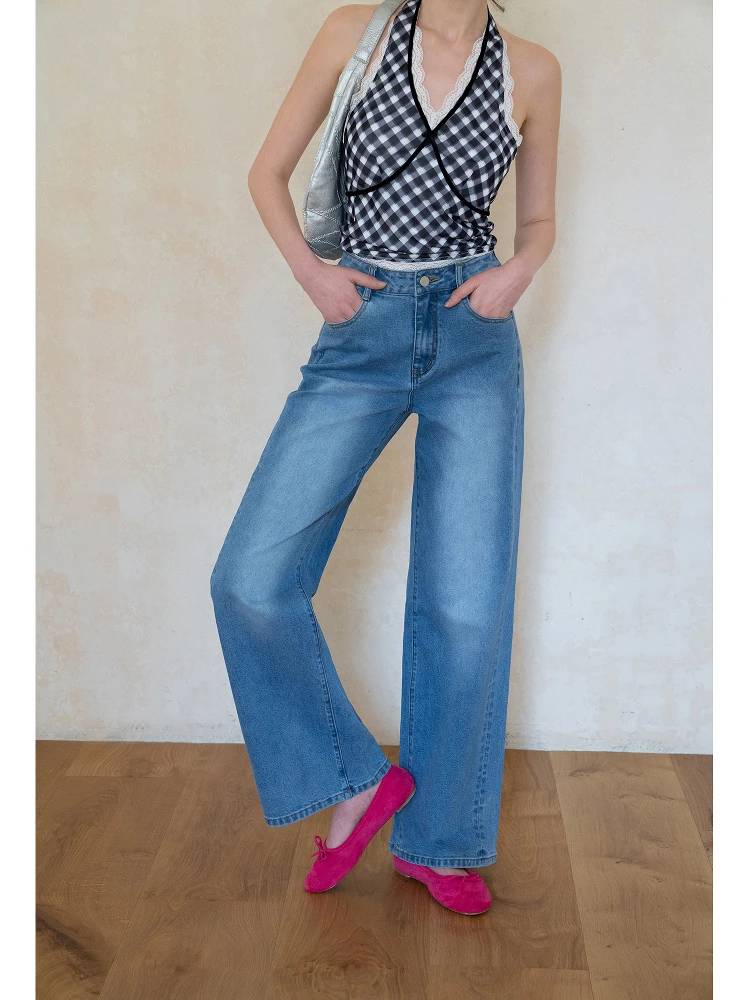 

Синие джинсы с высокой талией и прямыми штанинами, летние свободные ретро-брюки с эффектом похудения, широкие длинные брюки EGGKA, женские, премиум-деним