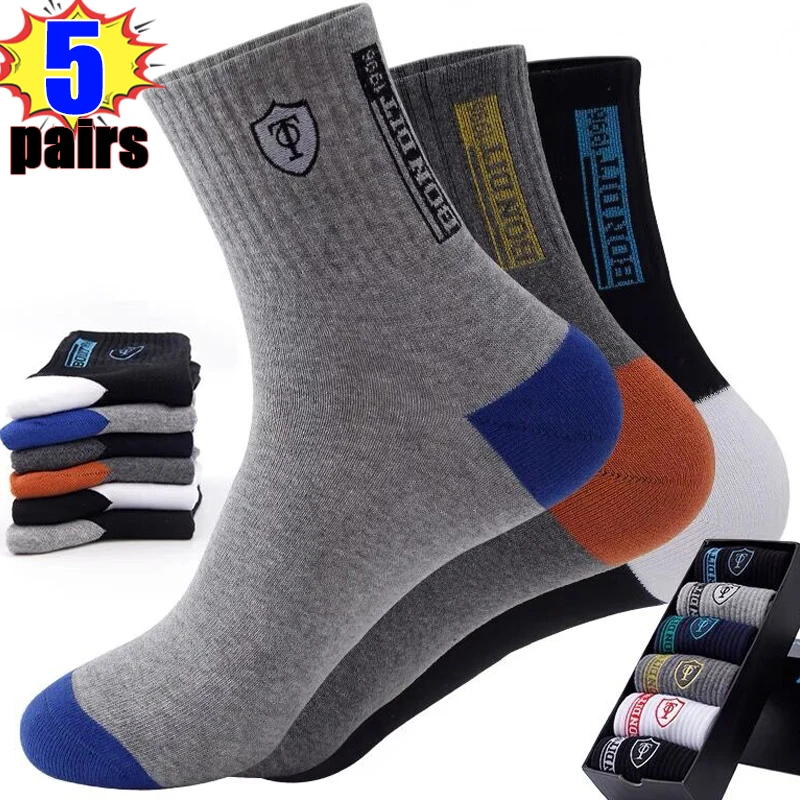 

5Pairs Men's Cotton Socks Letter Sports Sweat Absorbent Socks Breathable Thin Meias Anti-slip Football Business Tube Socks