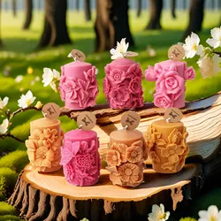 Geometric Flower Column Soy Wax Mould Cylinder Abstract Art Decorative Gardenia Morning Glory Relief Pillar Silicone Candle Mold
