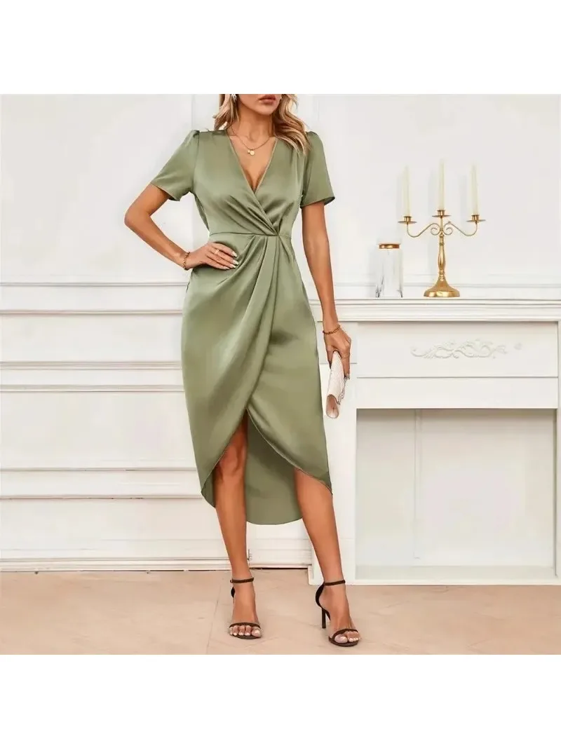 2025 الصيف تصميم الشعور فستان طويل غير منتظم المرأة الساتان قصيرة الأكمام التفاف عبر الرقبة فستان فستان صيفي للنساء