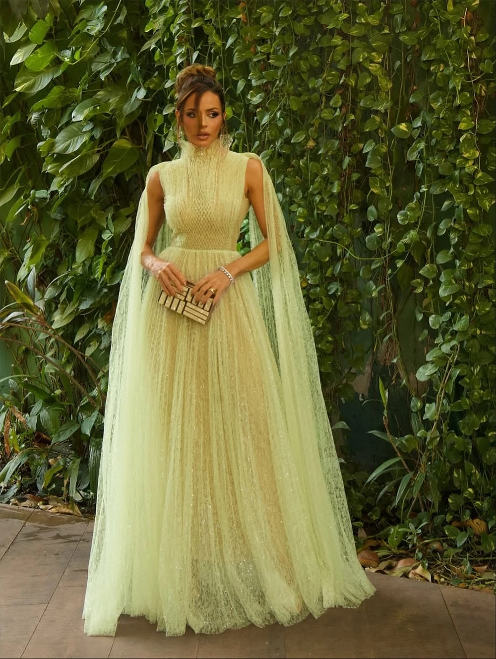 فستان سهرة بوهو أصفر دانتيل مخصص رسمي برقبة دائرية بدون أكمام فساتين المشاهير ناعمة على شكل حرف a سويب تراين فساتين العودة للوطن