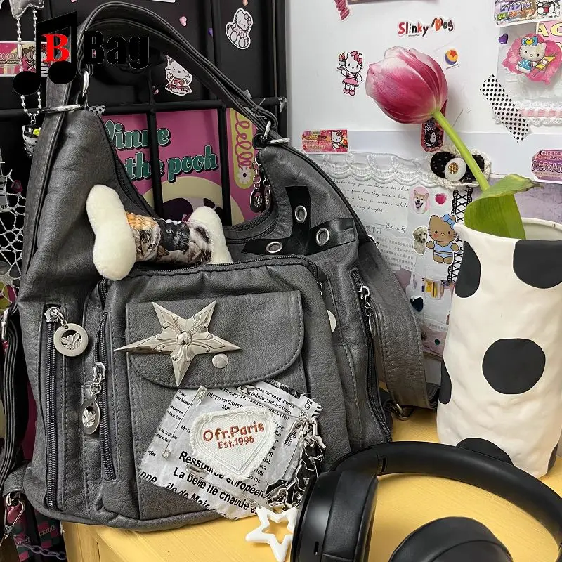 Y2K Gothic Women Lolita Spicy Girls Punk One Shoulder Handbags Harajuku Female Grade Grey Star Bone Soft Skin Underarm Bag Totes