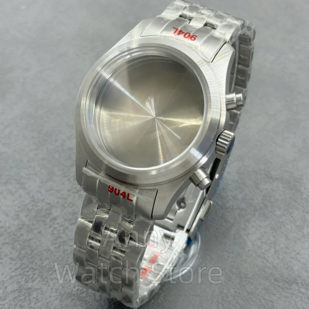 38mm Domed Sapphire Glass Case Dive Brushed Pilot Watch Case Screw Crown Fit VK63 VK64 Quartz Movement Stainless Steel Bracelet