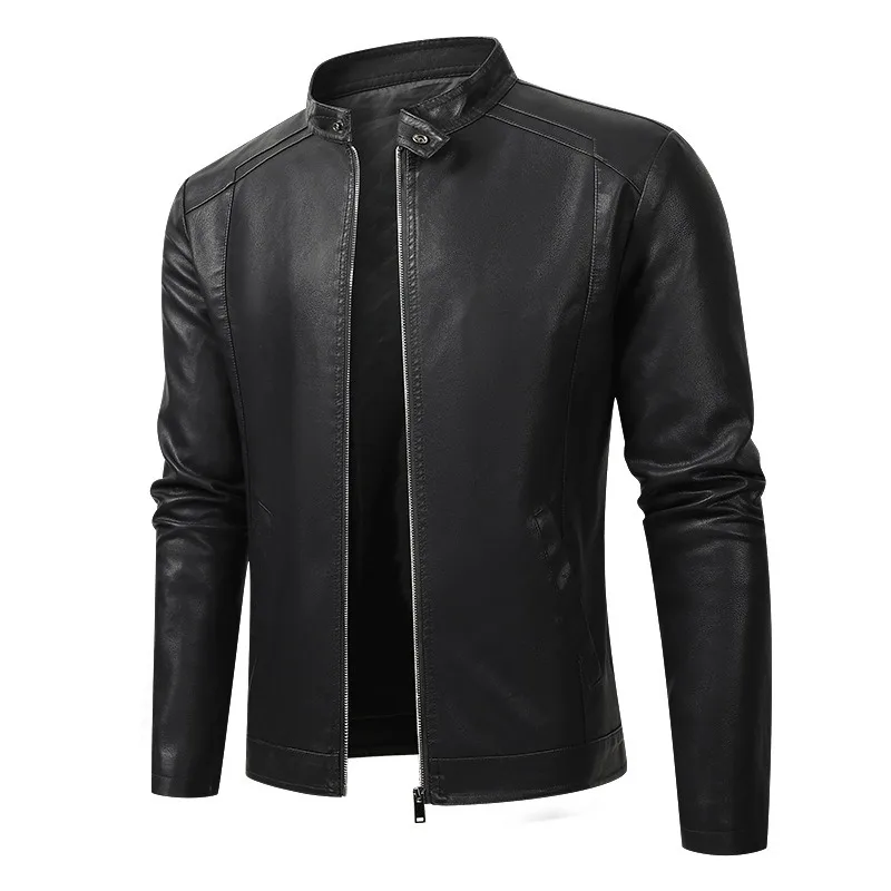 KIDWHXR Men Jacket Autumn Winter Thicken Slim Stand Collar Windproof Man Leather Coat Motorcycle Punk Long Sleeve Male Outerwear