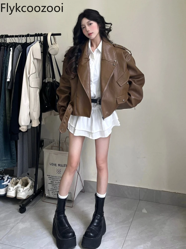 American Coffee Color Locomotive Leather Coat Woman 2024 Spring New Loose Temperament Jacket Top Winter Clothes Women