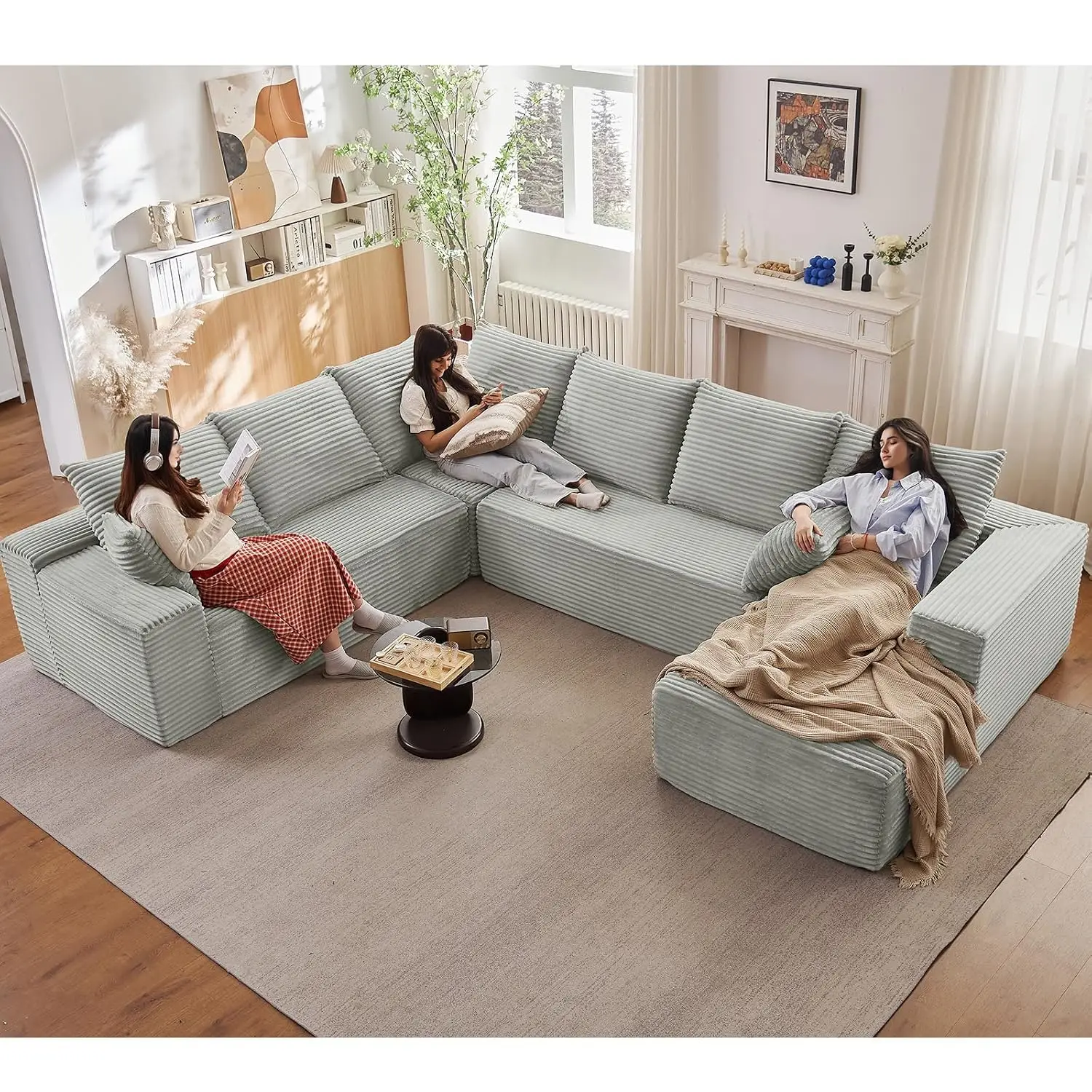 Boneless Modular Sectional Sofa Chaise Corduroy Deep Seat Memory Foam 5-Seater Box Living Room Right Facing Grey Customized