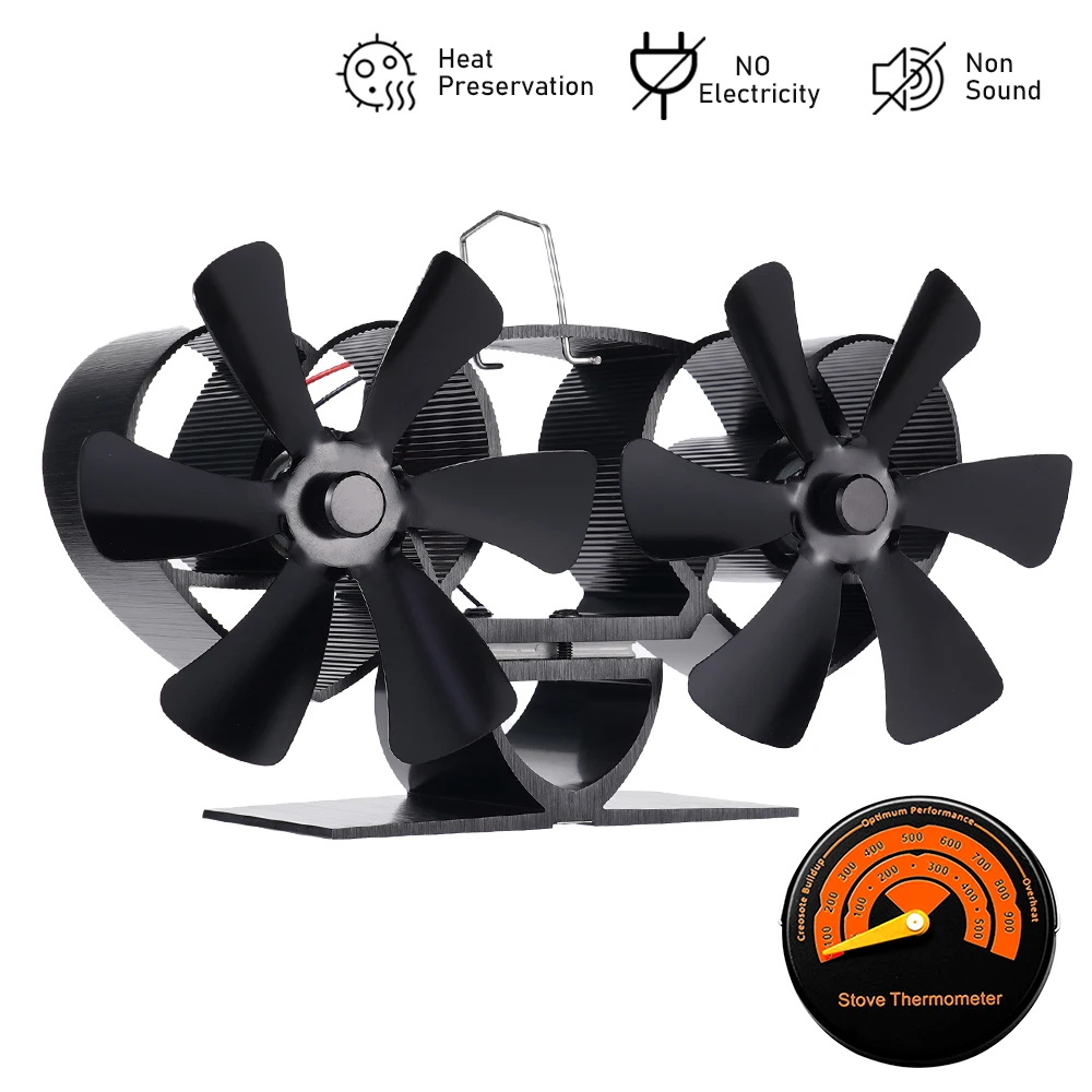 Fireplace Fan Dual Head 12 Blades Heat Powered Stove Fan Log/Wood/Pellet Burner Eco-fan Quiet Home Efficient Heat Distribution