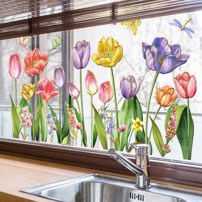 Colorful Tulips Gold Stamping Window Sticker for Girls Room Living Room Wall Corner Dining Room Flower Wall Decals Bedroom Decor