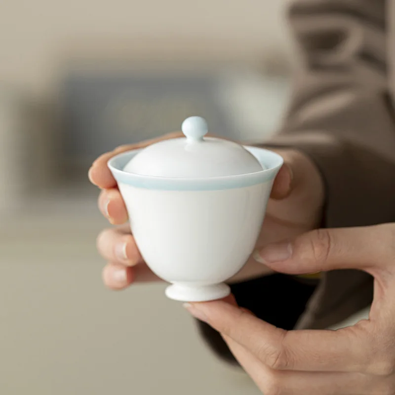 Jade Clay White Porcelain Thin Body Gaiwan Kung Fu Set Household Bead Gai Twist Inner Glaze Small High Foot Tea Brewing Gaiw