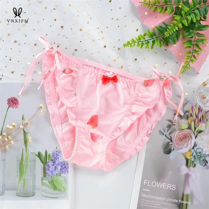 Japanese Sweet Ice Silk Strawberry Printed Women's Briefs Lolita Strap Free Girl's Underwear Cotton Crotch Milk Silk pants