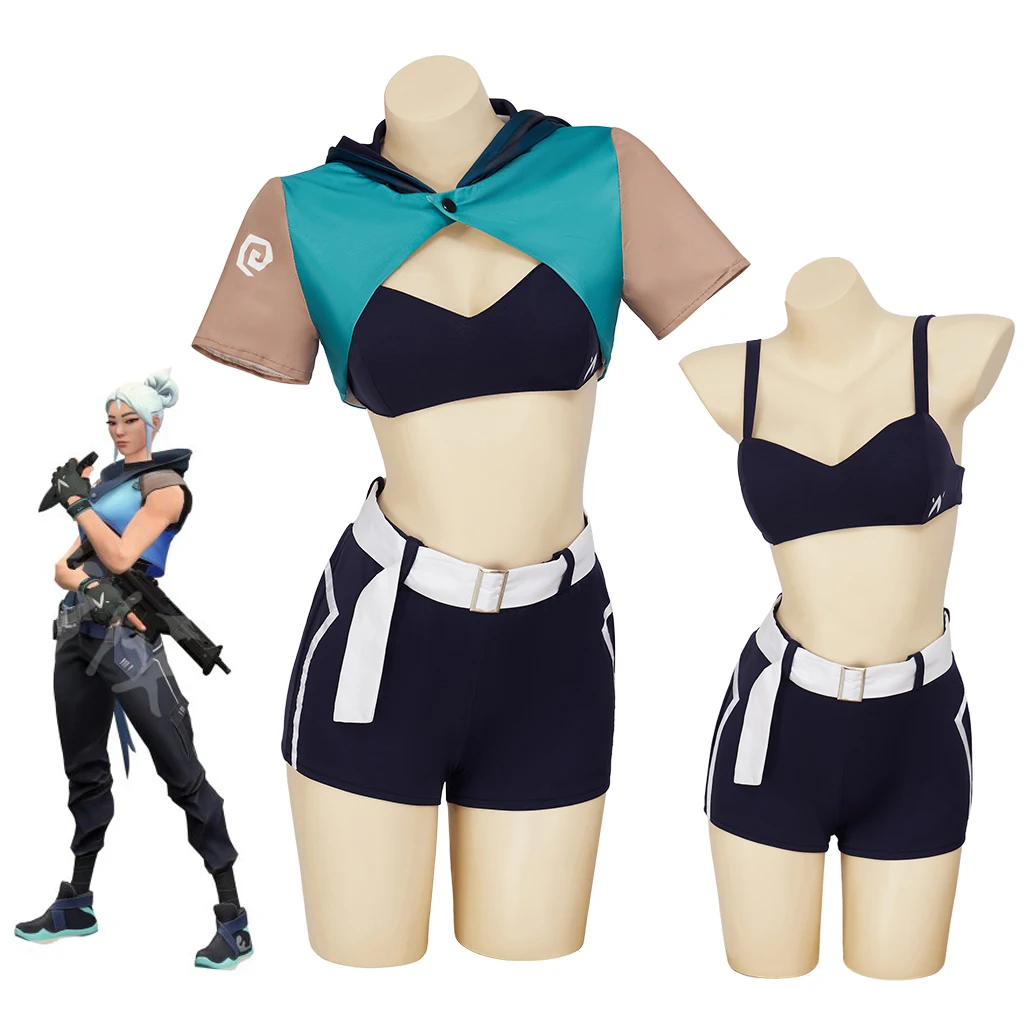 

Valorant Jett Cosplay Costume Female Marksman Roleplay Outfits Crop Top Shorts Set Halloween Carnival Party Clothes Game Suit