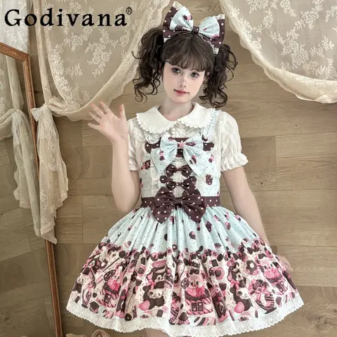 Mini abito senza maniche dolce Kawaii da ragazza giapponese JSK Abito da principessa Lolita con stampa fiocco carino da donna Y2k