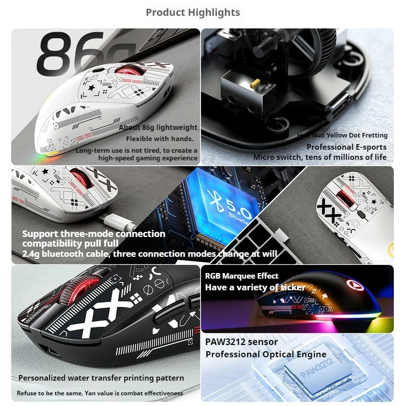 Yindiao G18 Tri-Mode Wireless Mouse Paw3212 Sensor Performance Stable Lightweight  Rgb Lighting Ergonomic Gaming E-Sports Office