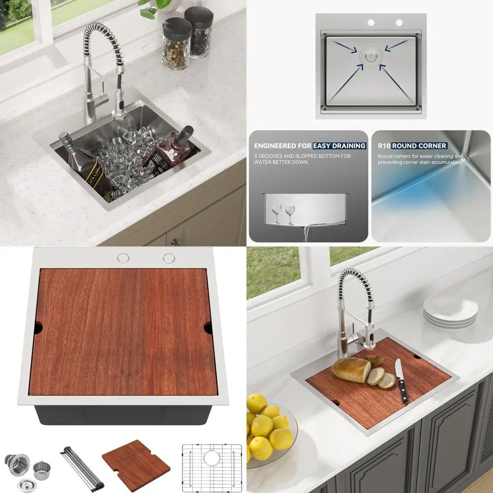

21x20x10 Inch Drop in Bar Kitchen T304 16 Gauge StainlSteel Single Bowl Workstation Topmount Over Counter or Wet Bar Prep Small